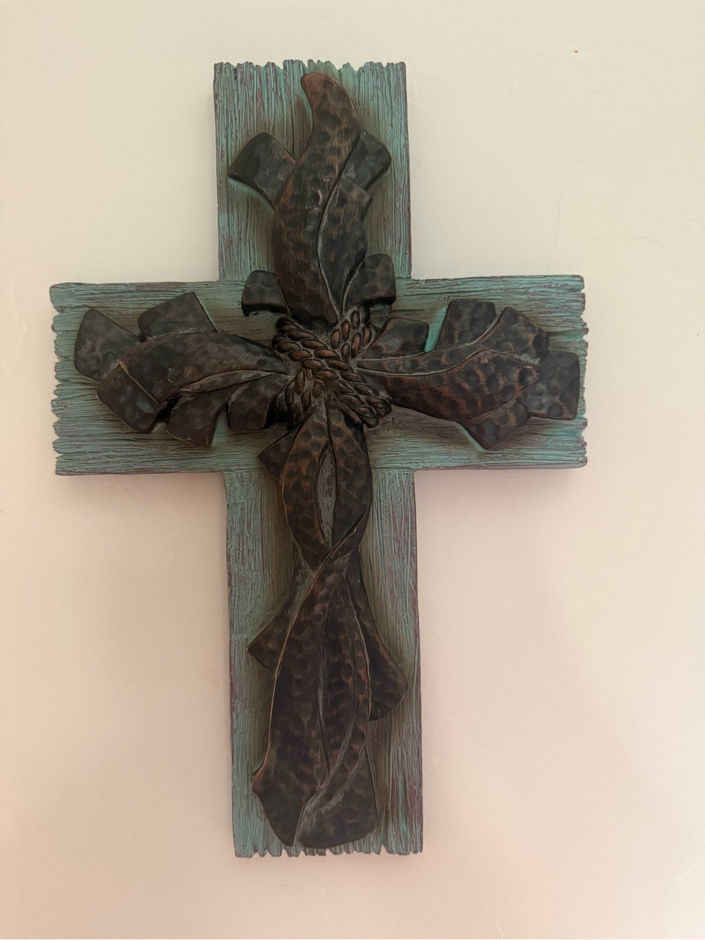 Patina Teal Wood Wall Cross with Dark Bronze Ribbon Accent